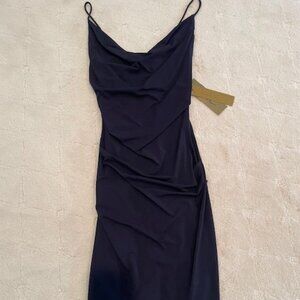 Nicole Miller (NWT) Drape Neck Spaghetti Strap Ruched Dress (BLUE)– Sz 4
